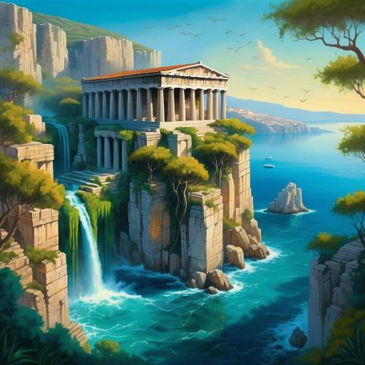 Ancient Temple by Waterfalls in Mountainous Landscape