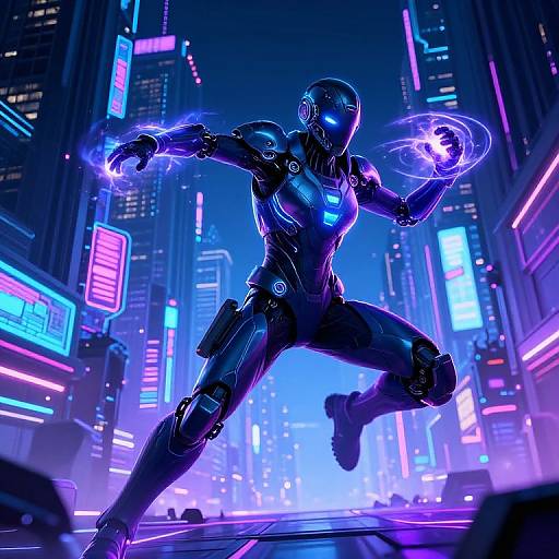 Cybernetic warrior in dynamic pose, glowing blue and purple neon lights, futuristic cityscape background, digital art, sci-fi, energetic, high
