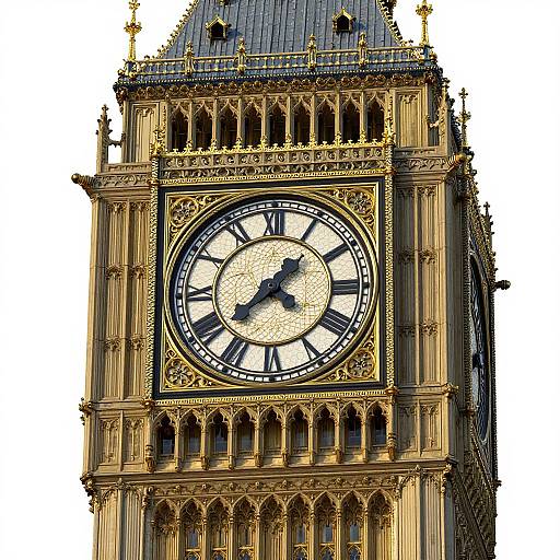 Photograph of the ornate Big Ben clock tower, showcasing its intricate gold detailing, black Roman numerals, and white clock face against a white background