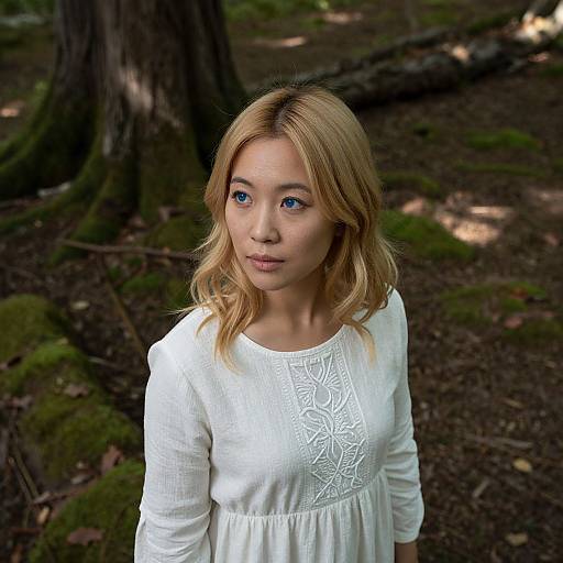 Photograph of a blonde woman with blue eyes, wearing a white, embroidered dress, standing in a mossy, forested background.