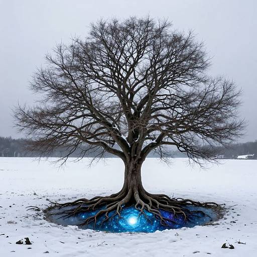 Photograph of a leafless, gnarled tree with glowing blue roots, standing alone in a snowy field, creating a surreal, magical effect.