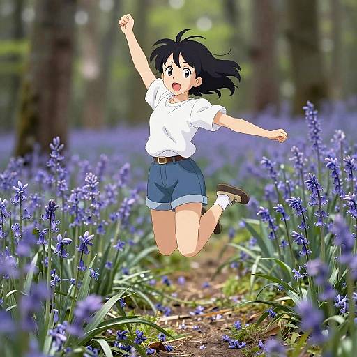 Anime Girl Jumping in Bluebell Field