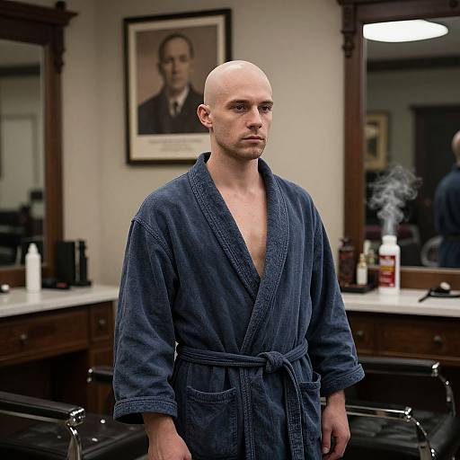 Photograph of a bald, fair-skinned man in a navy blue bathrobe standing in a dimly lit barbershop with framed portrait and smoking