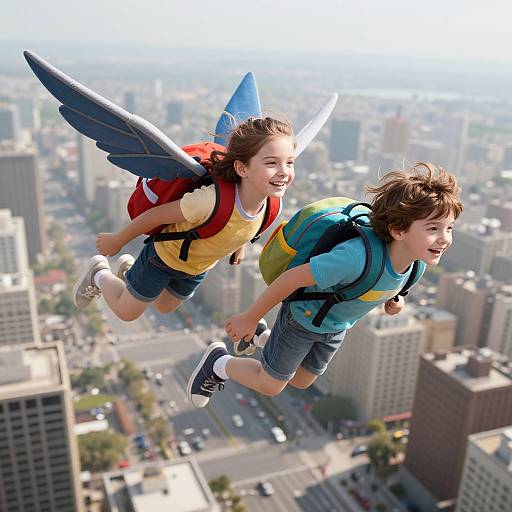 Photograph of two smiling children with wings, red and blue backpacks, flying above a cityscape with skyscrapers and streets below.
