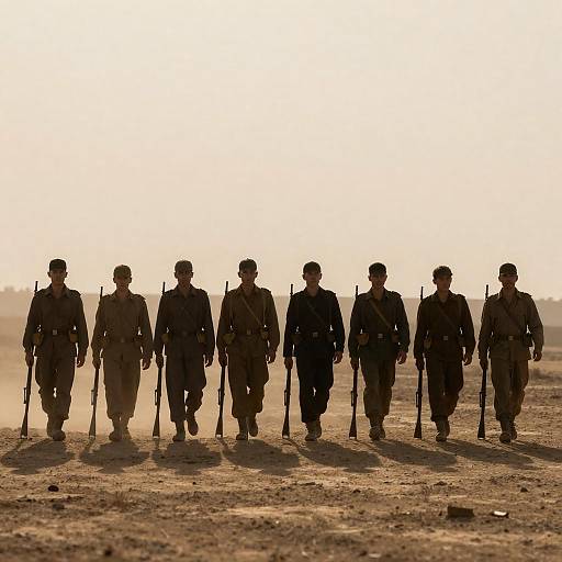 Silhouetted Men Walking with Rifles