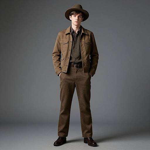 Photograph of a young man standing, wearing a brown hat, olive jacket, black shirt, brown pants, and black shoes, against a gray gradient
