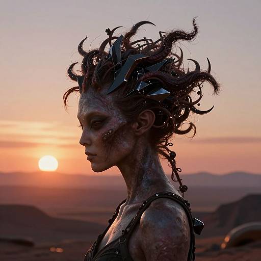 Photograph of a silhouetted, fantasy creature with wild, twisted hair, intricate face markings, and leather harness, against a vibrant sunset desert