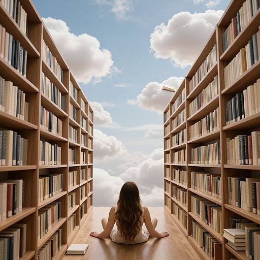 Woman Floating Among Infinite Bookshelves
