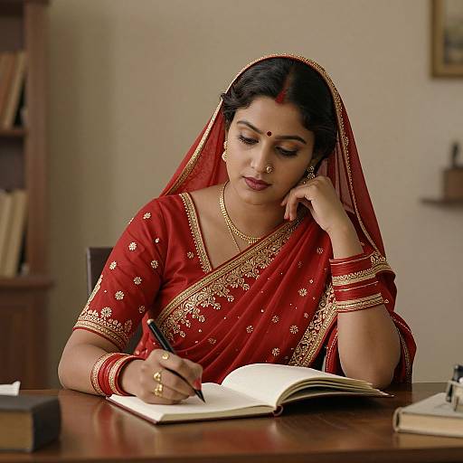 Photograph of an Indian woman in a red saree with gold embroidery, writing in a book at a wooden desk, with a blurred bookshelf in