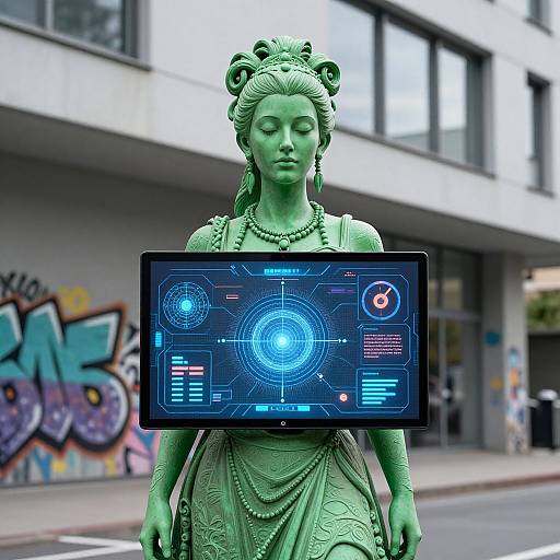 Photograph of a green statue with futuristic holographic display, featuring digital interface, standing on urban street with graffiti and modern building background.