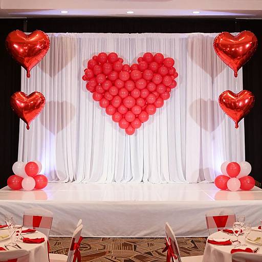 Photograph of a romantic event setup with a white curtain backdrop, red heart-shaped balloon arrangement, and red and white balloons.