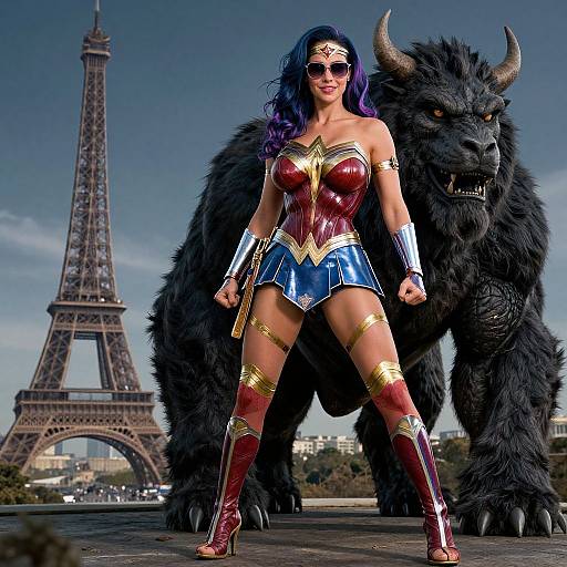 Digital artwork of Wonder Woman with purple hair, standing confidently in front of a black Minotaur, Eiffel Tower in background.
