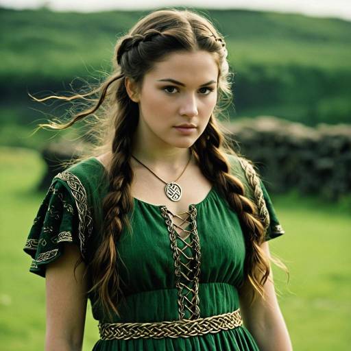 Young Woman in Celtic Warrior Green Dress