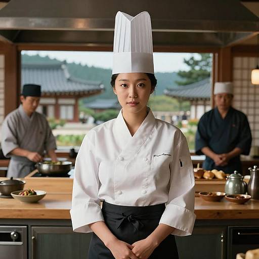 Photograph of an Asian female chef in a white double-breasted uniform and tall chef hat, standing in a traditional Korean kitchen with two male chefs in