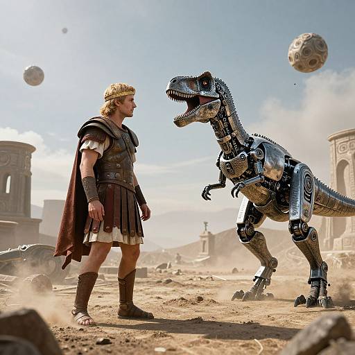 Photorealistic CGI: Roman soldier with golden helmet and bronze armor confronts a robotic T-Rex in a dusty, ancient ruin landscape with floating rocks
