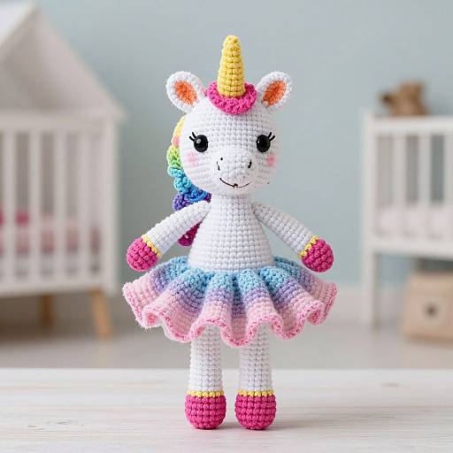 Photograph of a colorful, crocheted unicorn doll with a rainbow mane, multicolored skirt, pink shoes, and yellow horn, standing in