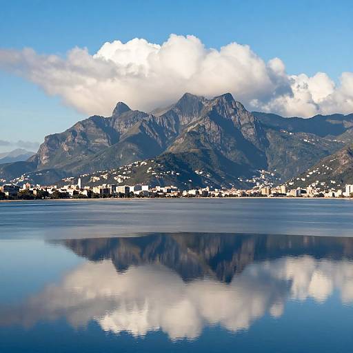 Photograph of a serene coastal landscape with blue sky, white clouds, mountain reflection in calm water, and white buildings below.