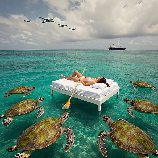 Photograph of a woman sunbathing on a white bed in turquoise ocean, surrounded by seven sea turtles, with aircraft and ship in the cloudy sky