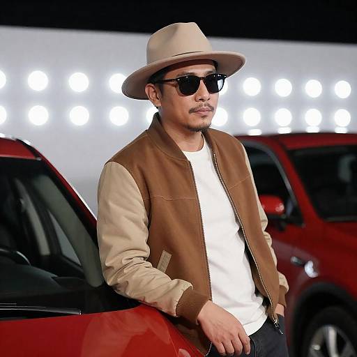 Man in Beige Hat by Red Car