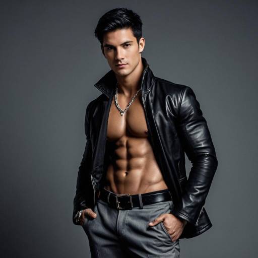 Muscular Man in Black Leather Jacket and Grey Pants
