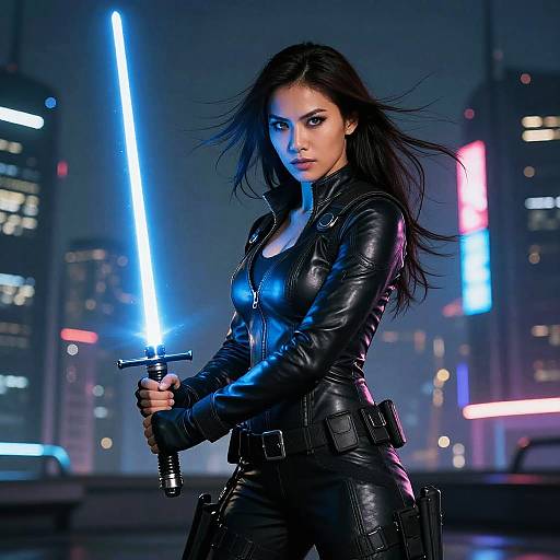 Fierce Woman with Blue Lightsaber