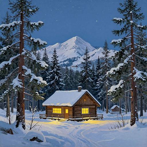 Cozy Cabin Twilight Gouache Scene