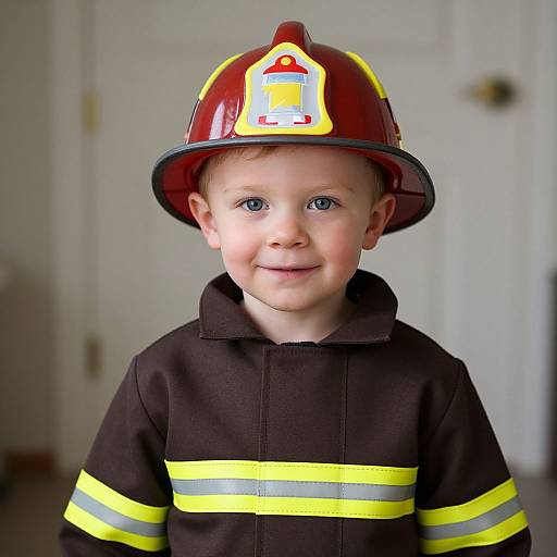 Photograph of a smiling young boy with blue eyes wearing a red firefighter helmet and black firefighter jacket with yellow stripes. Background: white door.