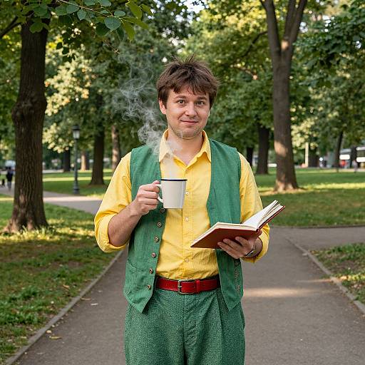 Man Enjoying Coffee and Reading in Sunny Park