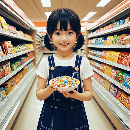 Happy Anime Girl Holding Candy in Grocery Store