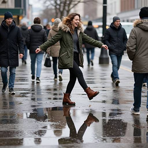 Photograph of a smiling woman in a green parka with fur hood, black pants, and brown boots, walking on a wet, reflective city street
