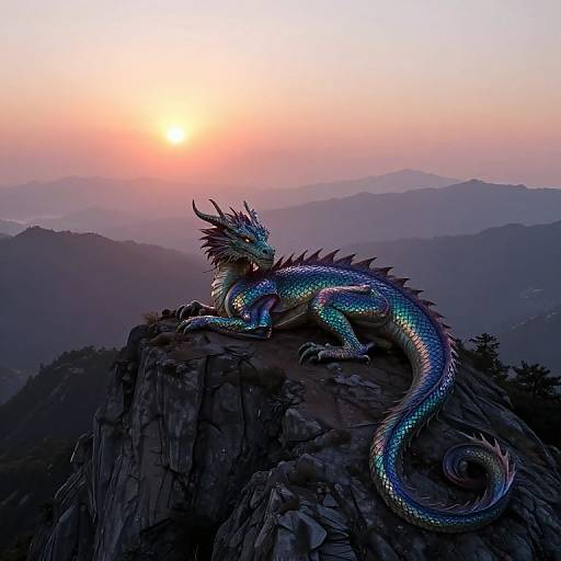 Digital artwork of a vibrant, iridescent dragon with dark spikes, lounging on a rocky peak at sunset, overlooking misty mountain ranges.