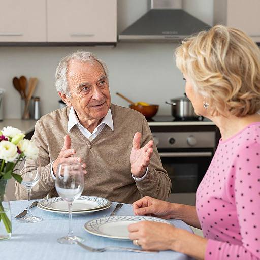 Elderly Couple Talking at Kitchen Table