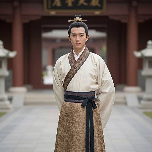 Photograph of a serious East Asian man in traditional Japanese kimono with white and brown patterns, black obi, and black hair bun, standing in