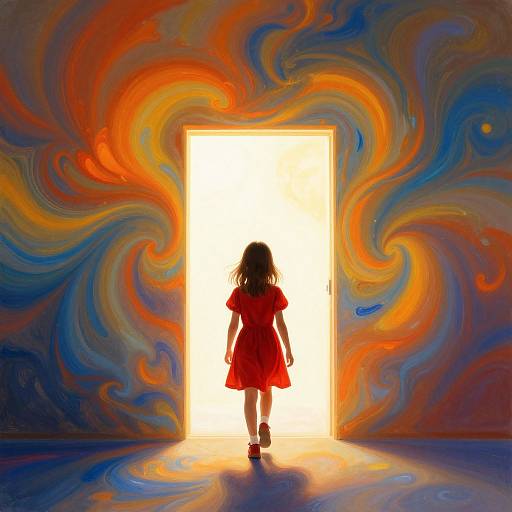 Silhouetted girl in red dress standing in brightly lit doorway, surrounded by swirling, vibrant orange, blue, and yellow abstract background.