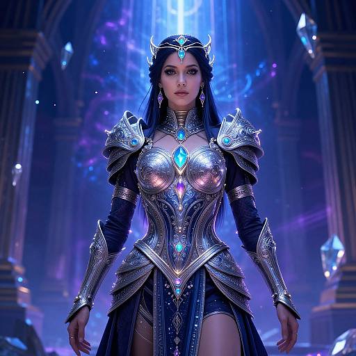 Digital art of a powerful, dark-haired woman with glowing blue gemstone armor, crowned, in a mystical, blue-lit cathedral.