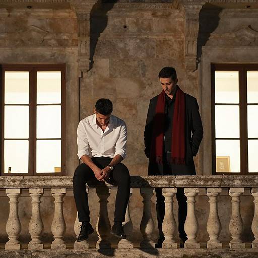 Nighttime Balcony Encounter of Two Men