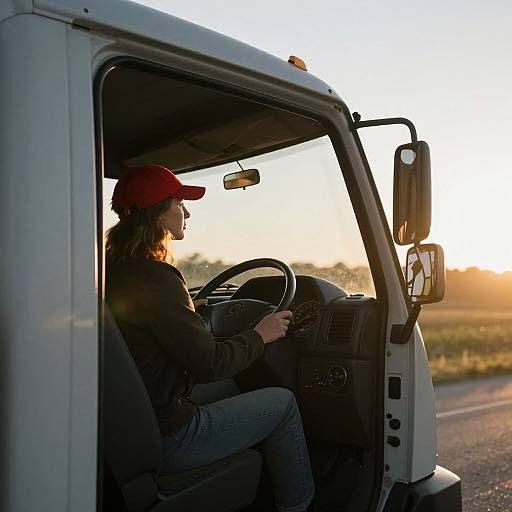 Woman Driving Truck at Sunrise