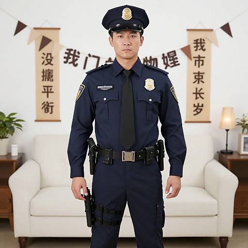 Photograph of a serious-looking male police officer in a dark uniform standing in front of a white couch with Japanese banners in the background.