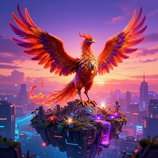 Digital artwork of a radiant, red-feathered phoenix with outstretched wings standing on a floating island, illuminated by neon lights, against a vibrant