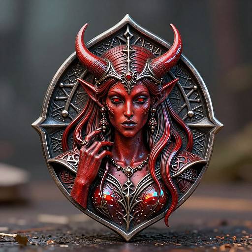 Digital fantasy artwork of a red-skinned, horned demon woman with long red hair, intricate armor, and glowing eyes, set in a silver shield