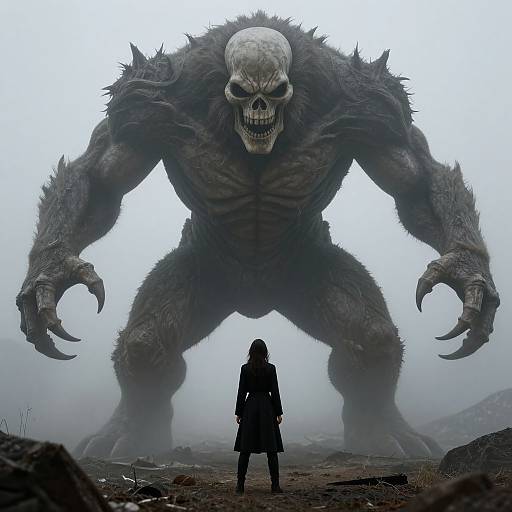 Photograph-style digital art: Silhouetted figure in dark coat stands before towering, skeletal, monstrous creature with sharp claws, in misty,