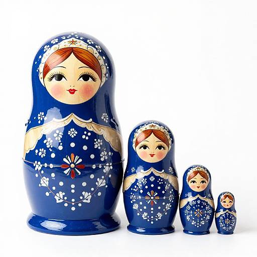 Photograph of four colorful ceramic nativity figurines: large, medium, small mother and child, and baby, all in blue floral dresses.