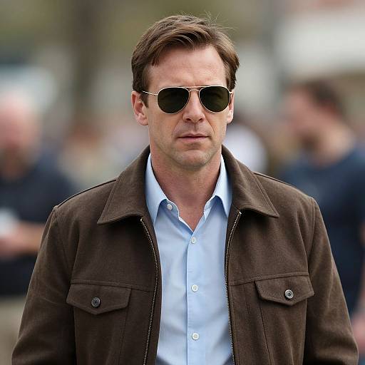 Photograph of a middle-aged white man with short brown hair, wearing dark aviator sunglasses, a light blue shirt, and a brown suede jacket,