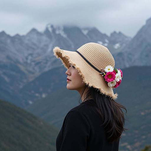 Photograph of a woman in a straw hat with colorful flowers, black top, against a mountainous backdrop with cloudy skies.