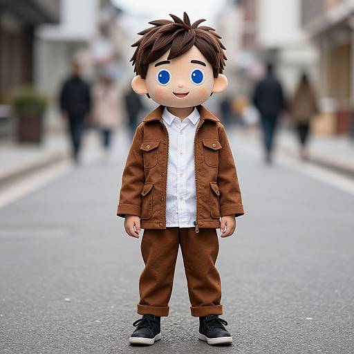 Photorealistic digital CGI of a cute, chibi-style boy with large blue eyes, brown messy hair, wearing a brown jacket, white shirt,