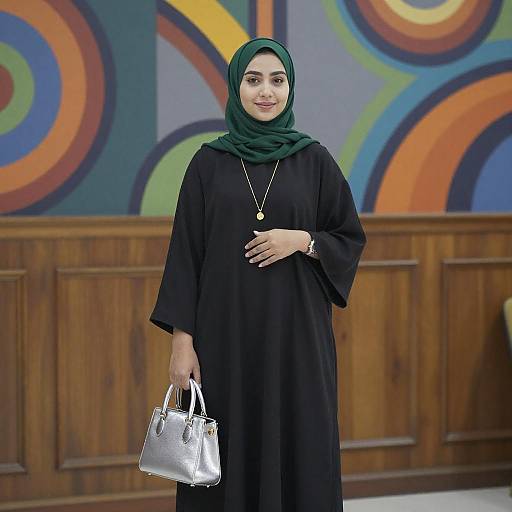 Young Woman in Green Hijab and Black Cloak