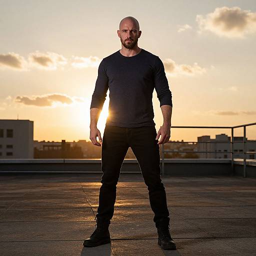 Photograph of a bald, bearded man in a black long-sleeve shirt and pants, standing on a rooftop at sunset, with the sun