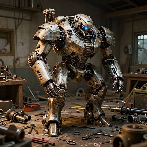Photorealistic CGI of a shiny, blue-eyed, metallic robot standing in a cluttered, dimly-lit workshop with scattered tools and equipment.