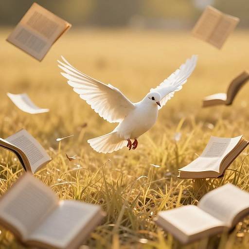 Photograph of a white dove with outstretched wings flying over a golden field of grass, surrounded by floating open books at sunset.