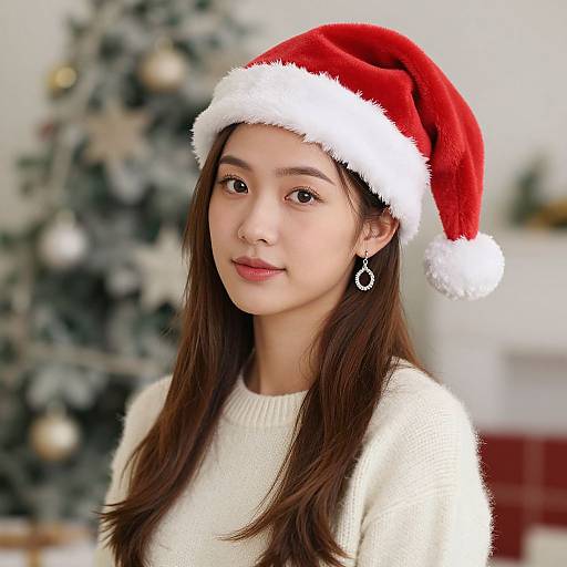 Asian woman with long brown hair, wearing a red Santa hat and white sweater, standing in front of a Christmas tree. Photorealistic image.